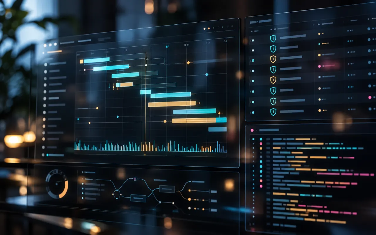 Visualizzazione concettuale di tempi di caricamento, log e controlli di sicurezza.