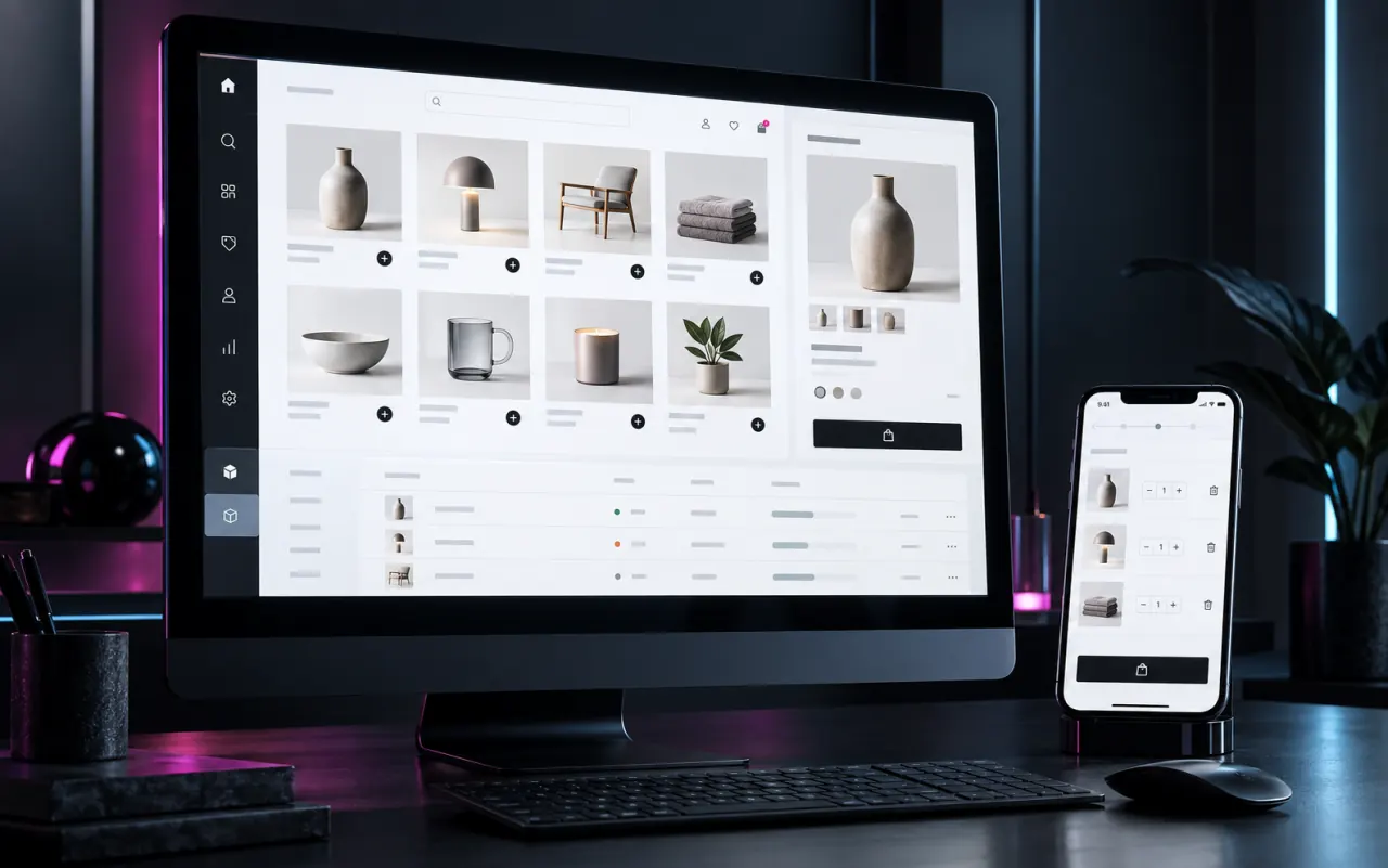 Schermate illustrative di catalogo e carrello e-commerce su desktop e telefono.