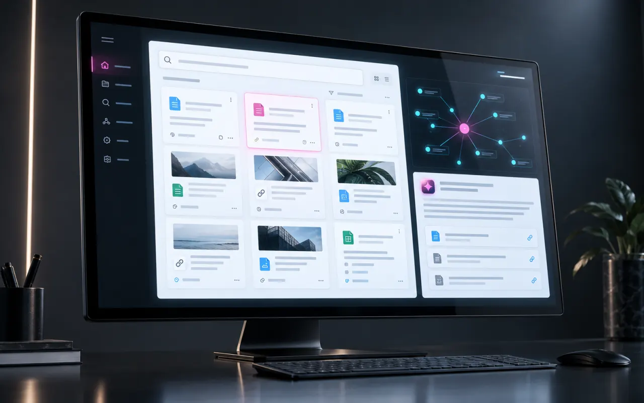 Interfaccia concettuale di una knowledge base con documenti collegati e ricerca.