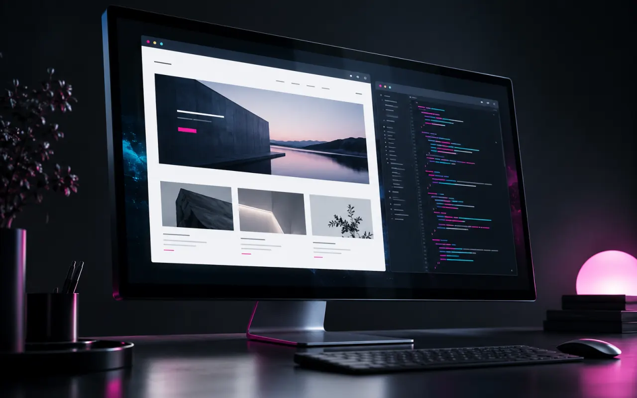 Schermata concettuale con sito web e codice di sviluppo.