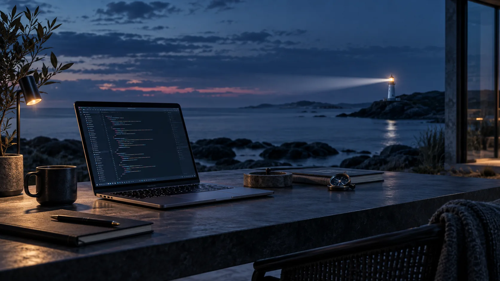 A laptop with abstract source code facing a lighthouse illuminating the sea at dusk