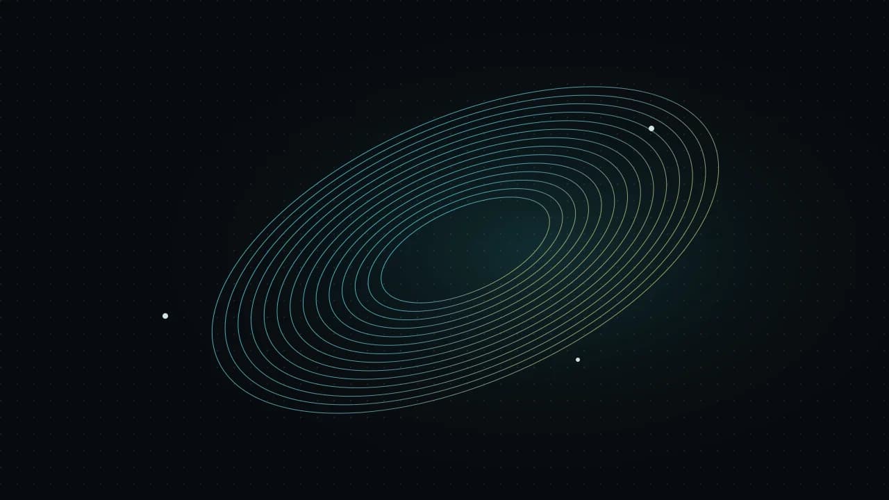 Orbita digitale astratta in ciano e ambra su sfondo scuro